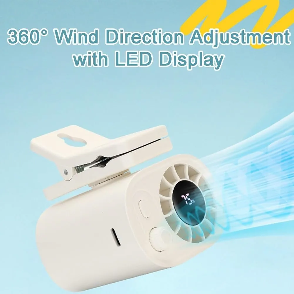 Car Clip on Fan with LED Display, Portable USB Rechargeable Small Electric Fan with 1800mah Battery, 360 Rotation Car-Mounted Umbrella Clip Personal Cooling Fans, For Cars, Camping(White 1pc)