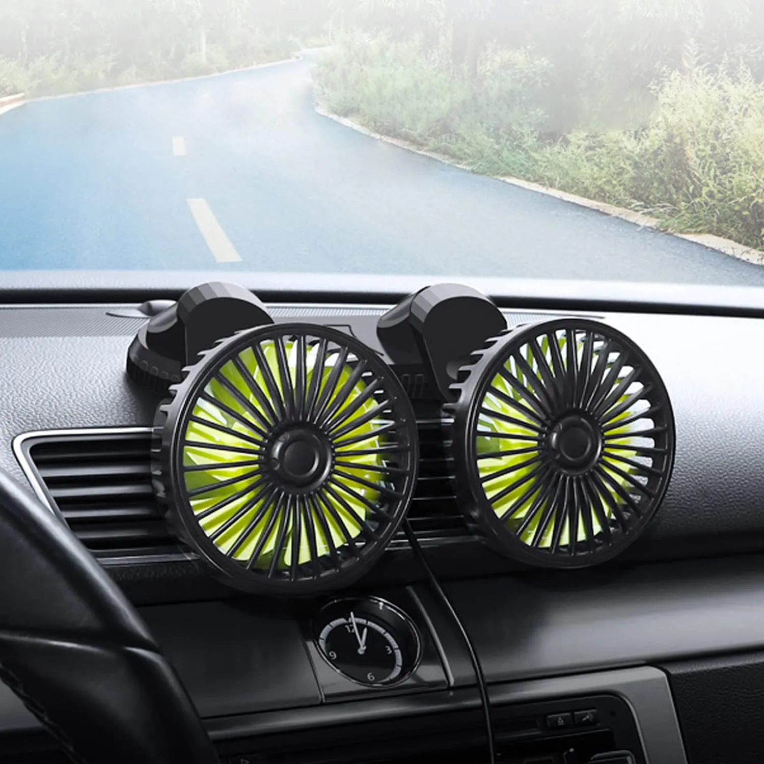 Car Cooling Fan,360 Adjustable Dual Head Cooling Air Fan Brushless Motor Low Noise Micro USB for Car/SUV/RV/Truck/Boat Use (Without Coloured Light) Rear-mounted fan for childrens safety