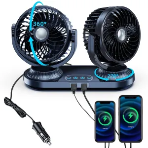 Car Fan 12v 24 Volt Universal,270Auto Oscillating Cigarette Lighter Cooling Fan for Vehicles [Comes with 2 USB Charging Ports],360Rotation Car Fans That Blow Cold Air for Trucks Rv SUV 360-degree rotating fan for home use