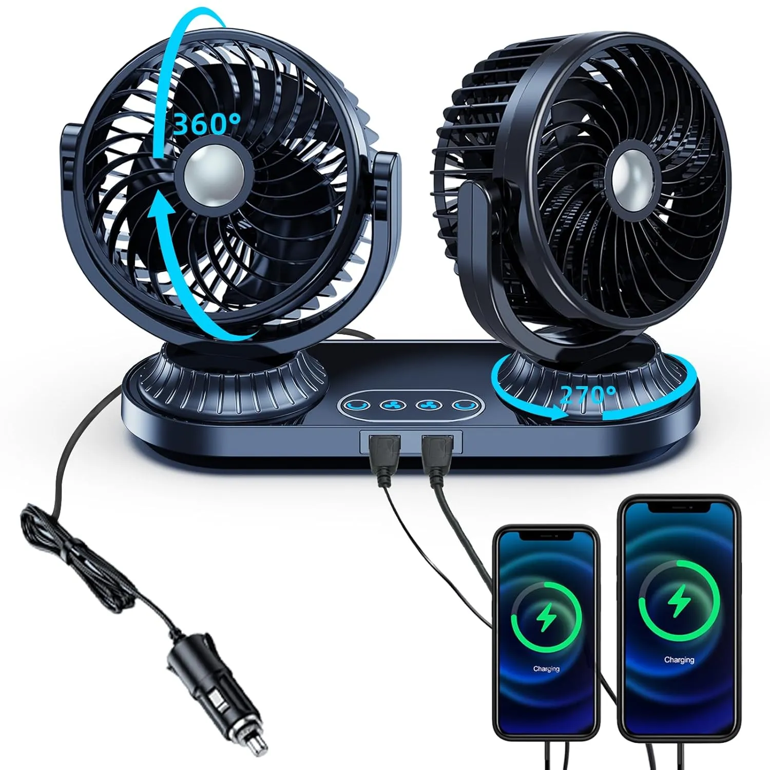 Car Fan 12v 24 Volt Universal,270Auto Oscillating Cigarette Lighter Cooling Fan for Vehicles [Comes with 2 USB Charging Ports],360Rotation Car Fans That Blow Cold Air for Trucks Rv SUV 360-degree rotating fan for home use