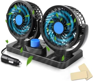 Car Fan 12V, 360 Degree Rotatable Car Fan, Electric 2 Speed Dual Head Fans-Low Noise Strong Dashboard Cooling Air Circulator Fan for Sedan SUV RV Solar-powered car fan for ventilation