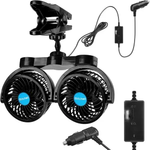 Car Fan 12V, Dual Head 4 Inches Clip-On 360 Rotatable Cooling Fan for Front/Back Seat Passenger, Adjustable Cooler With Stepless Speed Regulation for SUV, RV, VAN, Boat Solar-powered car fan for ventilation