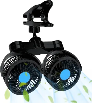 Car Fan 12V, Dual Head Car Cooling Clip Fan Suitable for 12V DC Car Cigarette Lighter, 360 Rotatable Cooling Air Circulator for Rear Seat with Stepless Speed Fan for Car Vehicle, Van, Truck, SUV, RV Rear-mounted fan for childrens safety