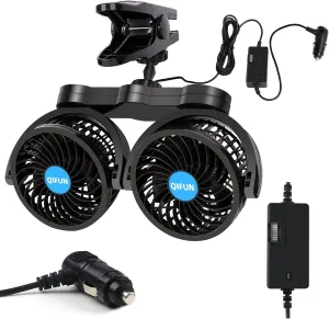 Car Fan Adjustable Dual Head 12V 360 Rotatable 4 Inches Car Clip Fan for Front/Rear Seat Passenger Car Essentials Cooler with Stepless Speed Regulation for Vehicle SUV, RV 360-degree rotating fan for home use