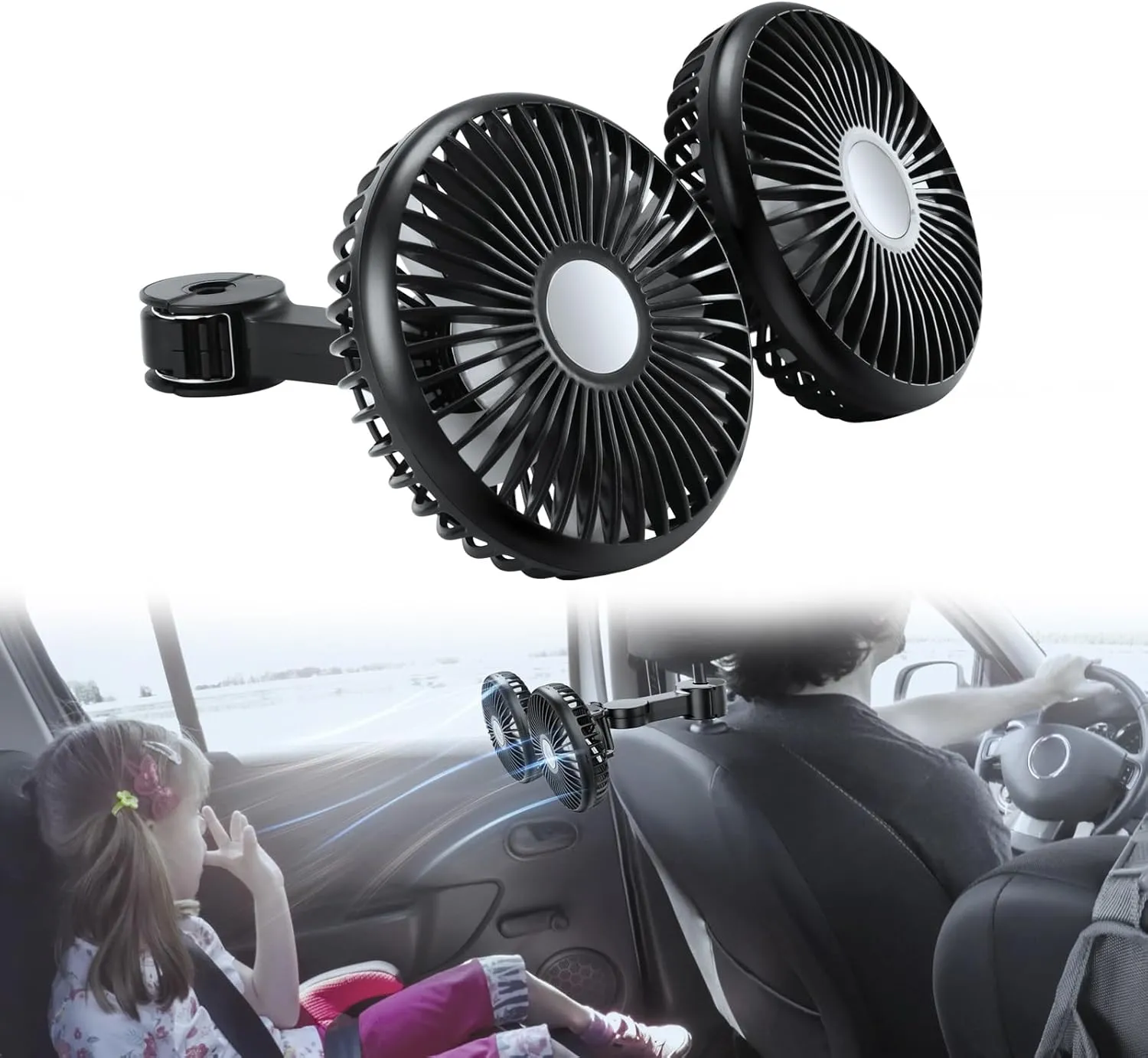 Car Fan for Backseat, [360 Rotatable][3 Speeds] USB Powered Dual Head Car Seat Headrest Fan for Car, Baby Pet Car Seat Rear Seat Headrest Fan for Sedan, SUV, RV, Pickup Truck, Golf Vehicles Rear-mounted fan for childrens safety