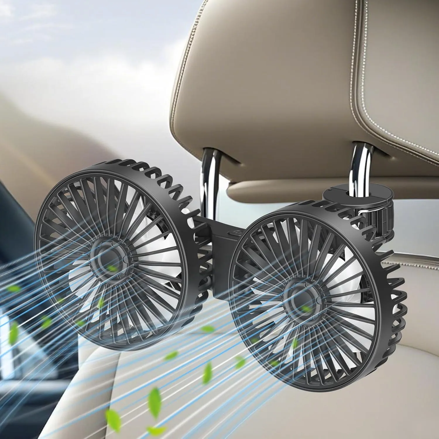 Car Fan for Backseat, Dual Head USB Vehicle Seat Fans, 3 Speeds Strong Wind 360 Rotatable Auto Rear Headrest Fan for Car, Air Circulation Automotive Fans with Adjustable Clip for All Models Rear-mounted fan for childrens safety