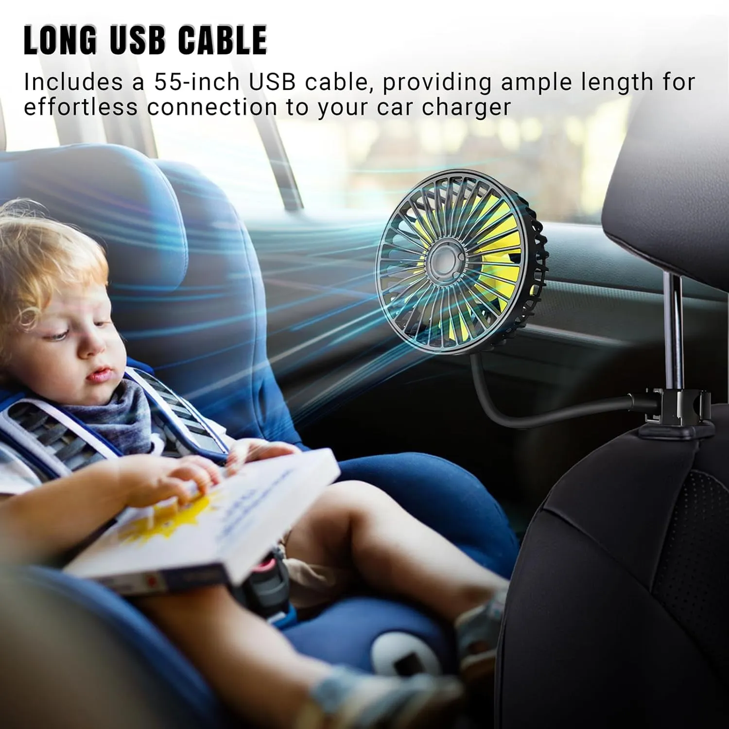 Car Fan for Backseat, Electric Car Fans for Rear Seat Passenger with 3 Speeds, Portable 360 Degree Rotatable Vehicle Fan for Car Seat, USB Electric Car Seat Fan for Vehicles RV SUV Truck