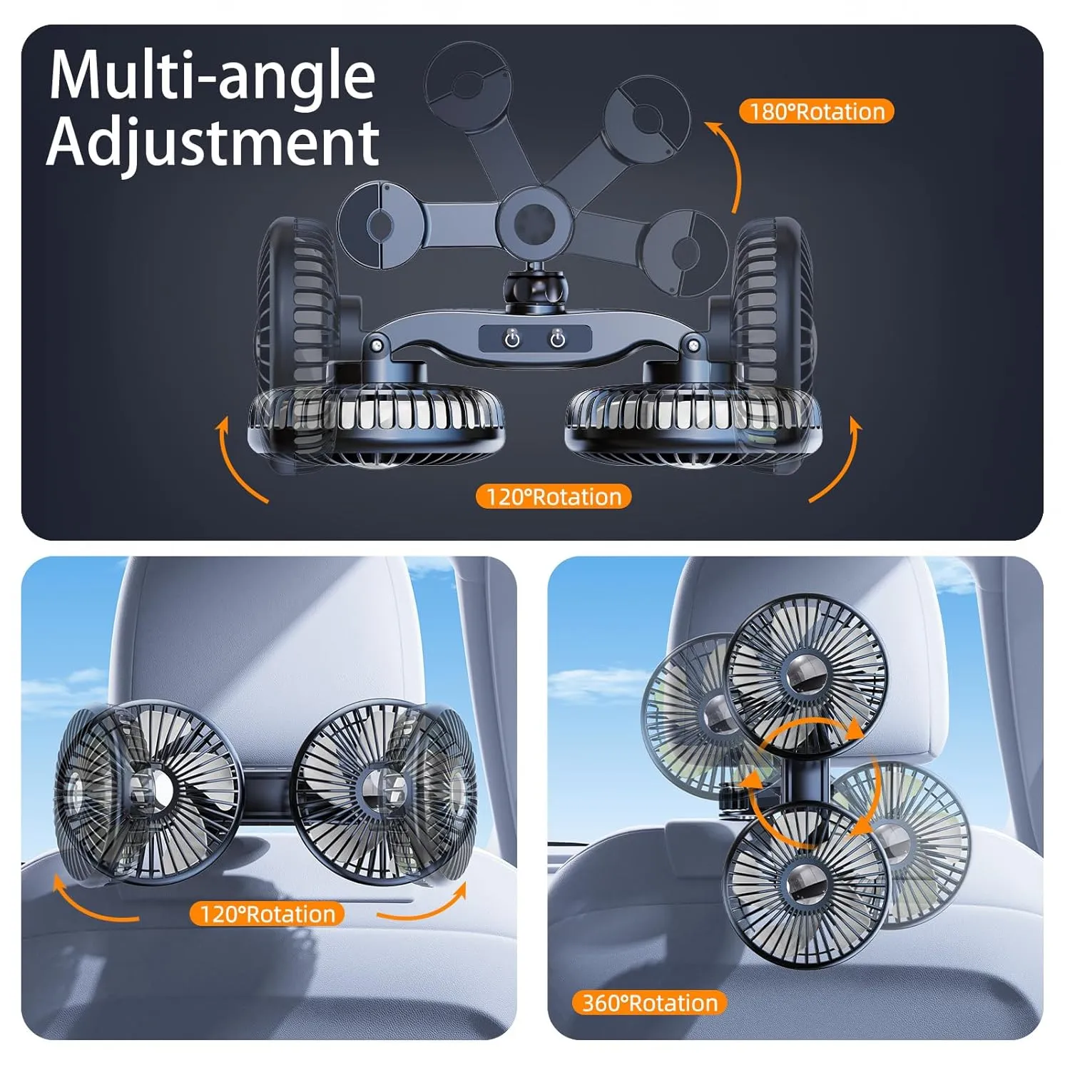 Car Fan for Backseat For Kids, Rear Seat Fans, Adjustable Dual Head USB Cooling Air Fan, Portable Fans for Carseat with 3 Speeds, Clip Lock, 360 Rotation, Suitable for Kids Dogs