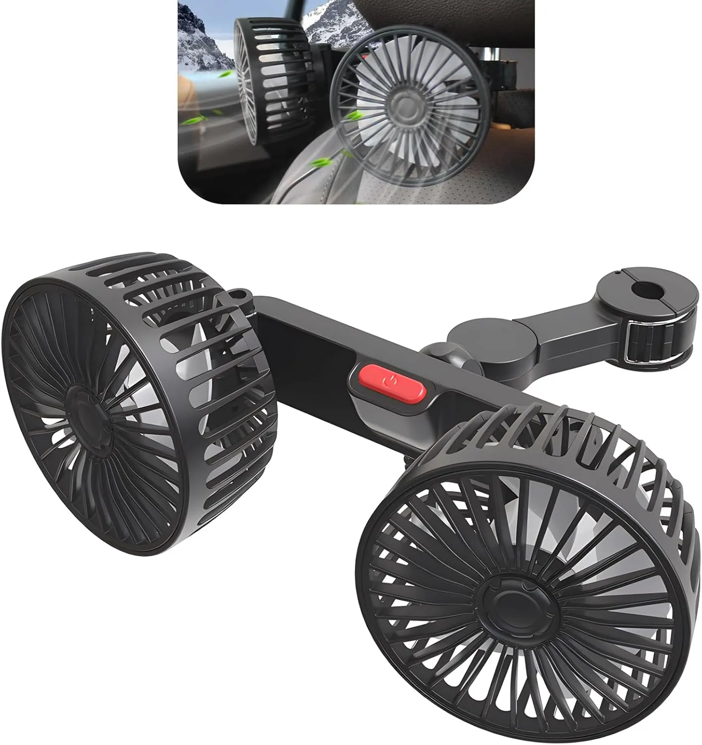 Car Fan for Backseat Kids, 5V USB Car Seat Fan, 360 Rotatable Dual Head Rear Headrest Fan for Rear Seat Passenger, 3 Speeds Strong Wind Air Circulation Fan, Universal for Cars SUVs (Black) Rear-mounted fan for childrens safety