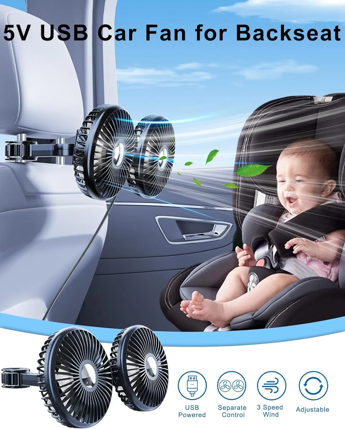 Car Fan for Backseat Kids Adjustable, Dual Cooling USB Fan for Car Seat Baby Rear Facing for Back Seat Headrest SUV Van Pickup RV Vehicle - 3 Speed 360 Rotatable Quiet