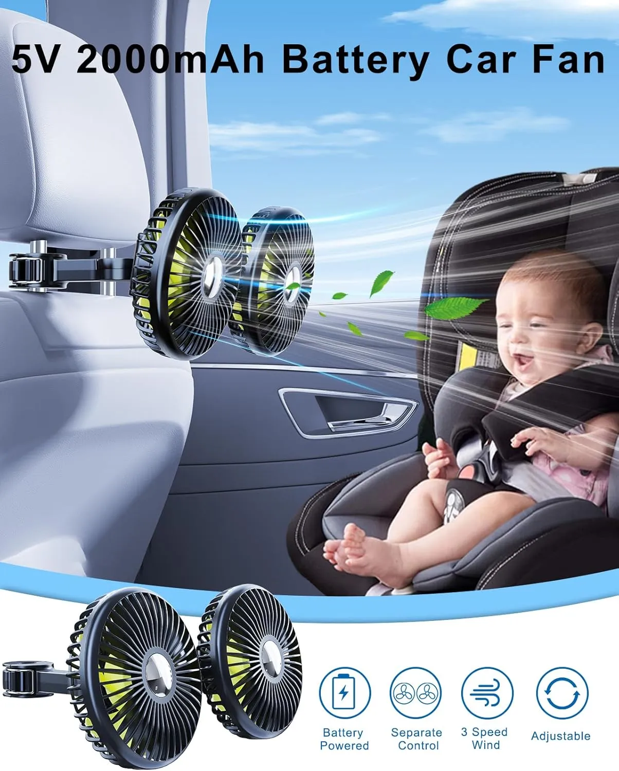 Car Fan for Backseat Kids Adjustable Rechargeable, Dual Battery Powered Fan for Car Seat Baby Rear Facing for Back Seat Headrest SUV Van Pickup RV Vehicle - 3 Speed 360 Rotatable Quiet