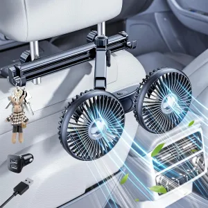 Car Fan for Backseat Kids Baby Dog, Dual Head USB Fan for Car Seat Headrest SUV Van Pickup RV Vehicle - Slidable Extension Arm 360 Rotatable Strong 3 Speed 2 Hidden Car Hook Rear-mounted fan for childrens safety