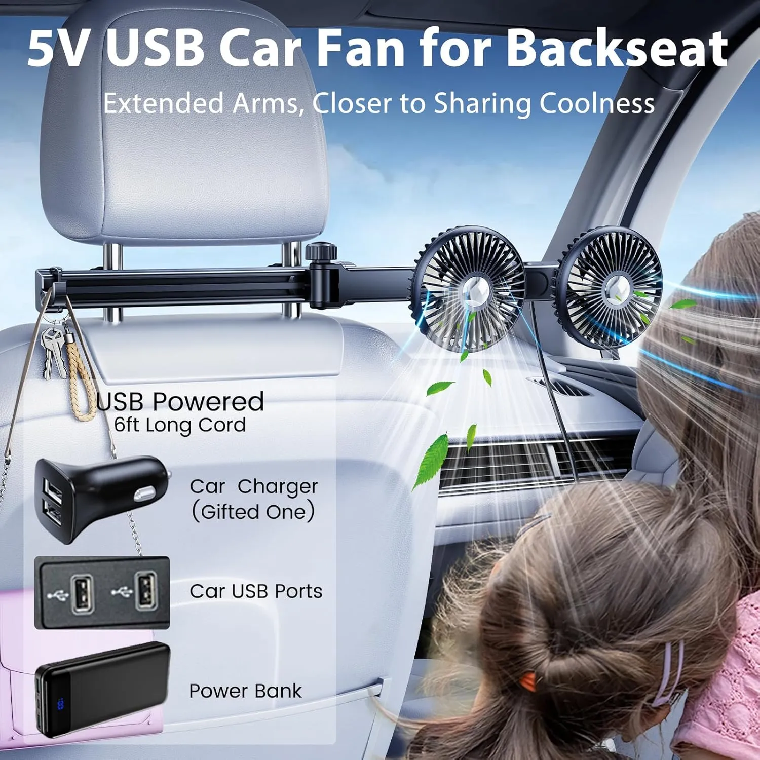 Car Fan for Backseat Kids Baby Dog, Dual Head USB Fan for Car Seat Headrest SUV Van Pickup RV Vehicle - Slidable Extension Arm 360 Rotatable Strong 3 Speed 2 Hidden Car Hook