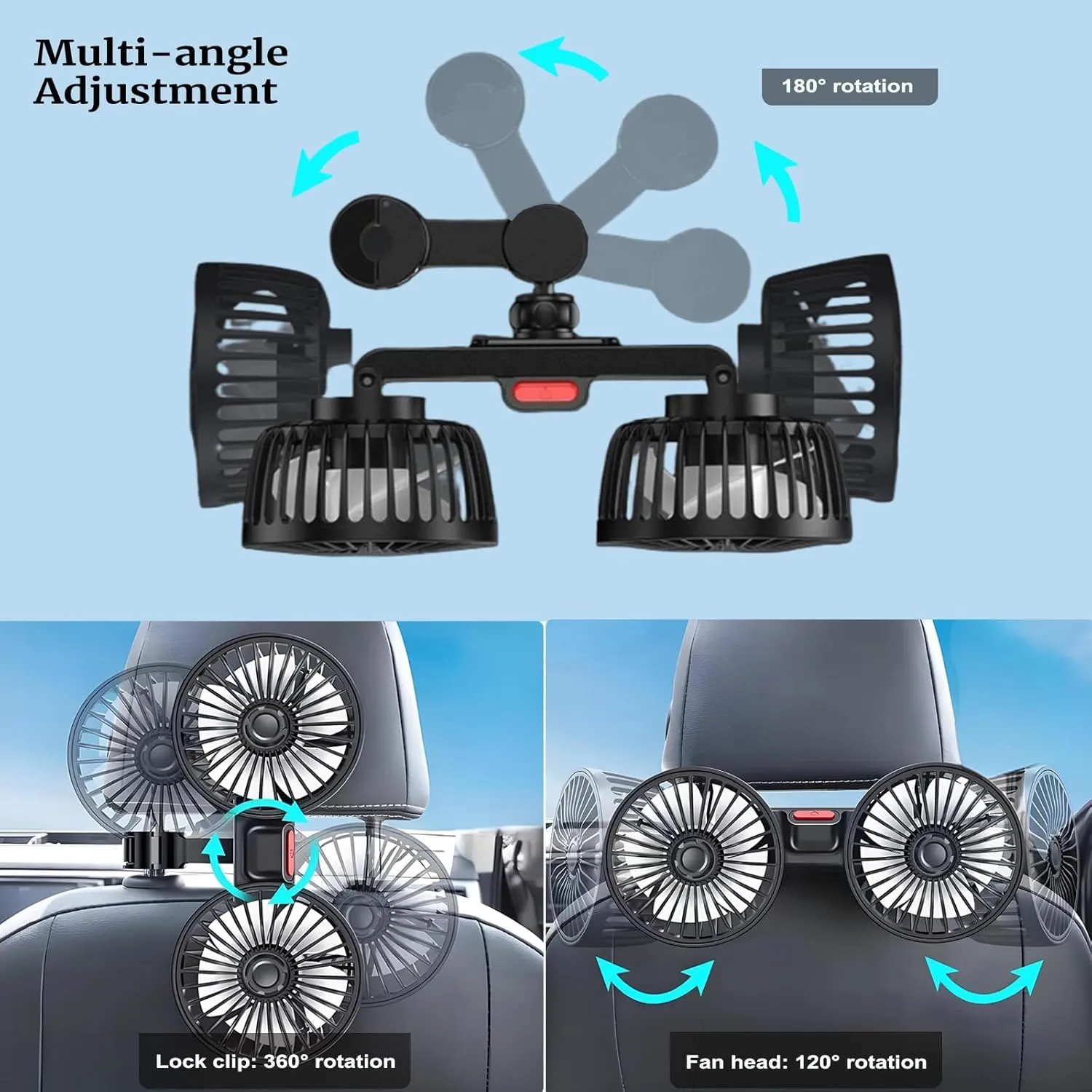 Car Fan for Backseat Kids Baby - USB Car Cooling Fans for Back Seat, Dual Head Hot Whether Car Fan for Rear Seat Passenger 3 Speeds 360 Rotatable Vehicle Rear Headrest Fans for Sedan SUV RV Truck