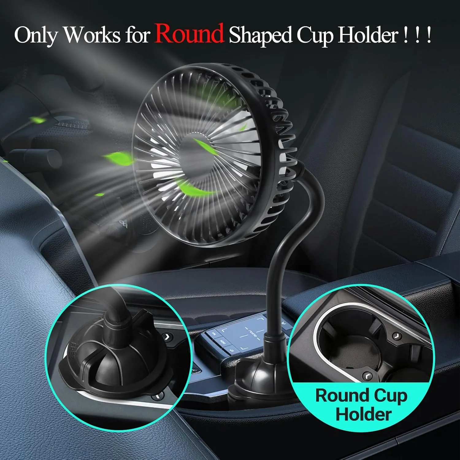 Car Fan for Cup Holder, Cup Holder Fan for Car Truck Vehicle Van RV with 3 Adjustable Speeds& 360 Rotation (No Battery)