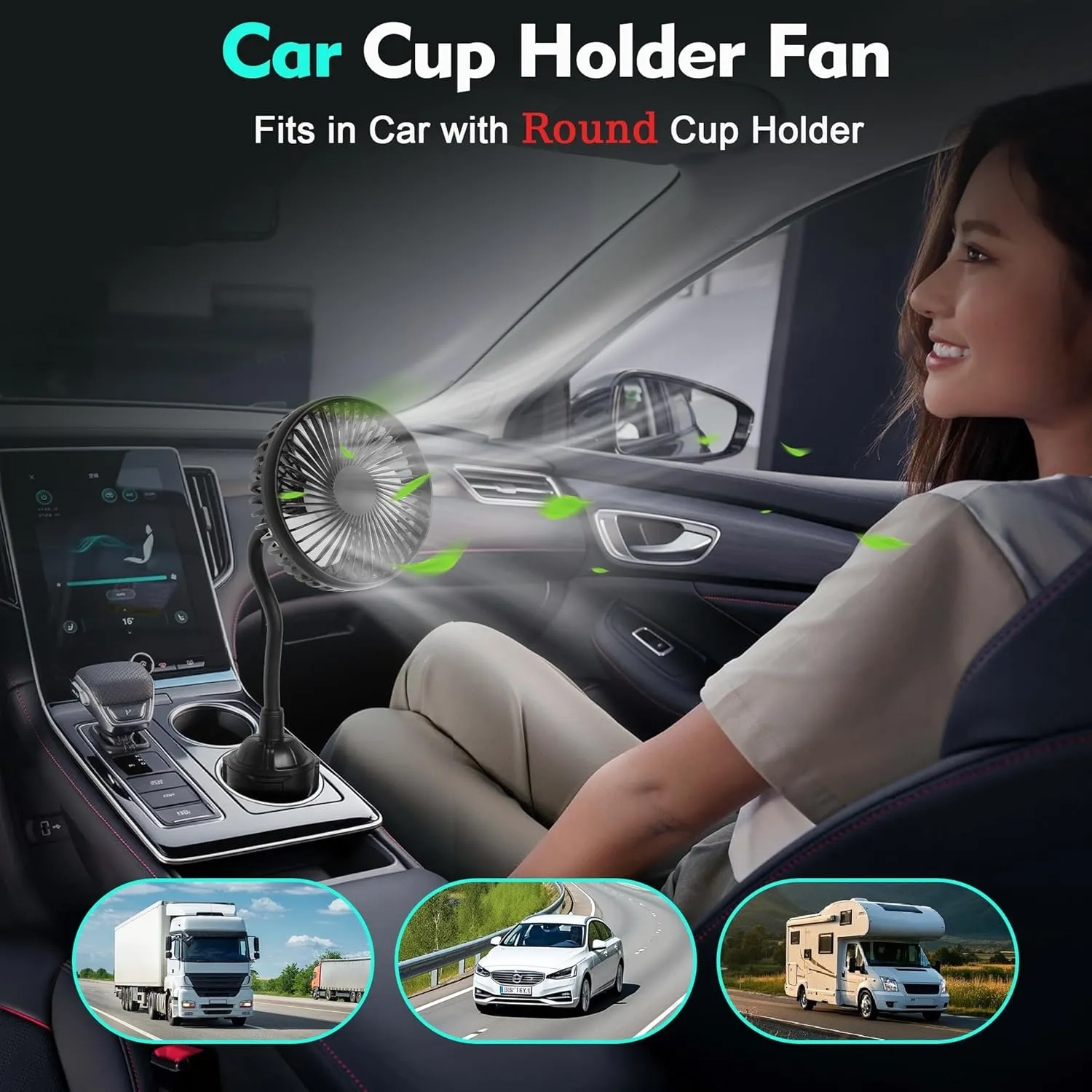 Car Fan for Cup Holder, Cup Holder Fan for Car Truck Vehicle Van RV with 3 Adjustable Speeds& 360 Rotation (No Battery)