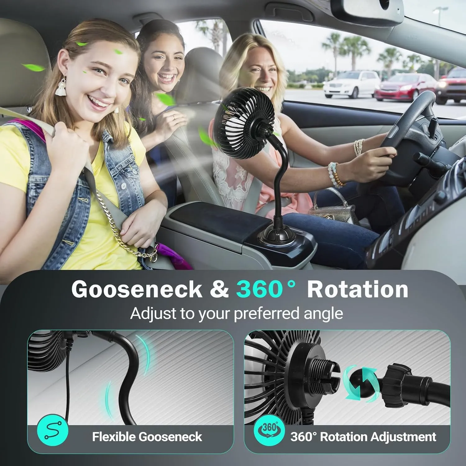 Car Fan for Cup Holder, Cup Holder Fan for Car Truck Vehicle Van RV with 3 Adjustable Speeds& 360 Rotation (No Battery)