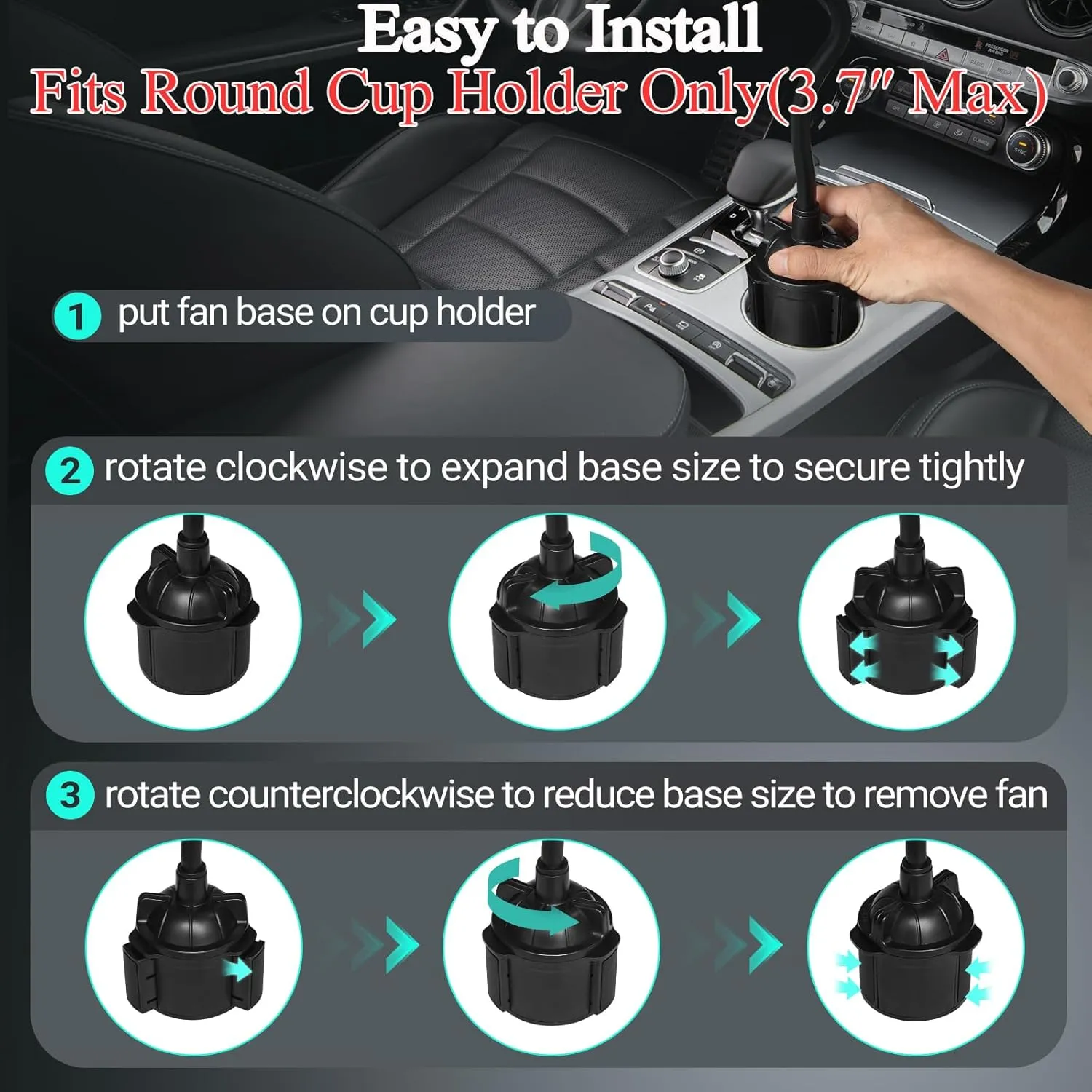Car Fan for Cup Holder, Cup Holder Fan for Car Truck Vehicle Van RV with 3 Adjustable Speeds& 360 Rotation (No Battery)