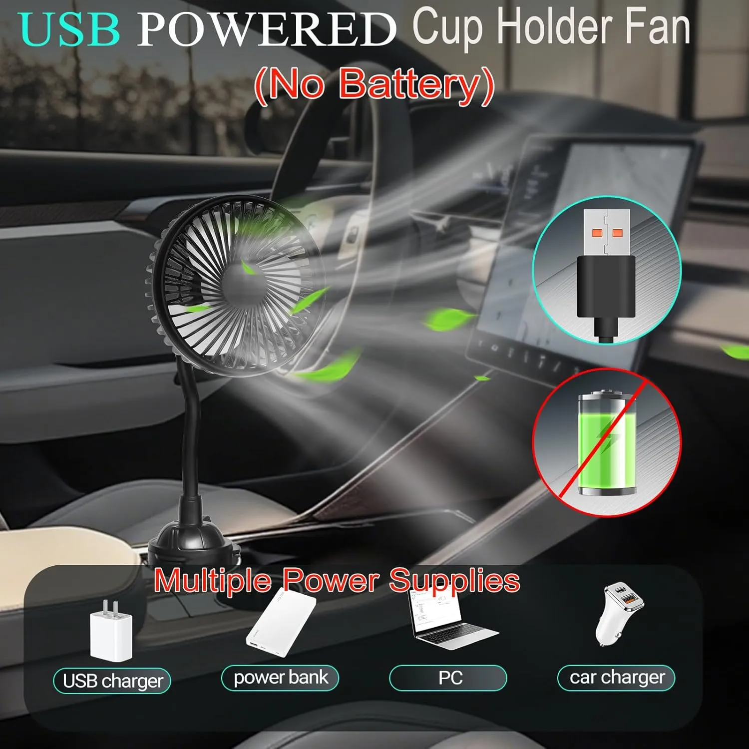 Car Fan for Cup Holder, Cup Holder Fan for Car Truck Vehicle Van RV with 3 Adjustable Speeds& 360 Rotation (No Battery)