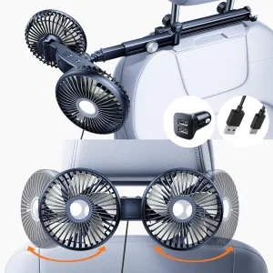 Car Fan For Rear Seat with Extension Arm Foldable Bracket, Adjustable Dual Head USB Cooling Fans For Car Seat, 3 Speeds and 360 Degree Rotatable Car Seat Fans For Passengers, Kids, Pets Rear-mounted fan for childrens safety