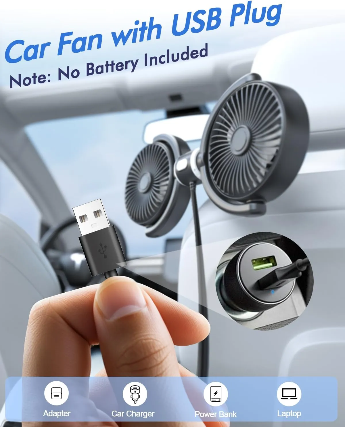 Car Fan USB Powered for Baby: Dual Car Cooling Fans for Backseat 3 Speed Separate Controlled Quiet Brushless Motor 360 Rotatable 5V Rear Seat Air Circulation for Vehicle Van Truck SUV RV(USB Plug)