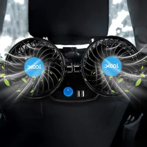 Car Fan, XOOL Electric Car Fans for Rear Seat Passenger Portable Car Seat Fan Headrest 360 Degree Rotatable Backseat Car Fan 12V Cooling Air Fan with 2 USB Charging Ports for SUV, RV, Vehicles Fan with safety blade design