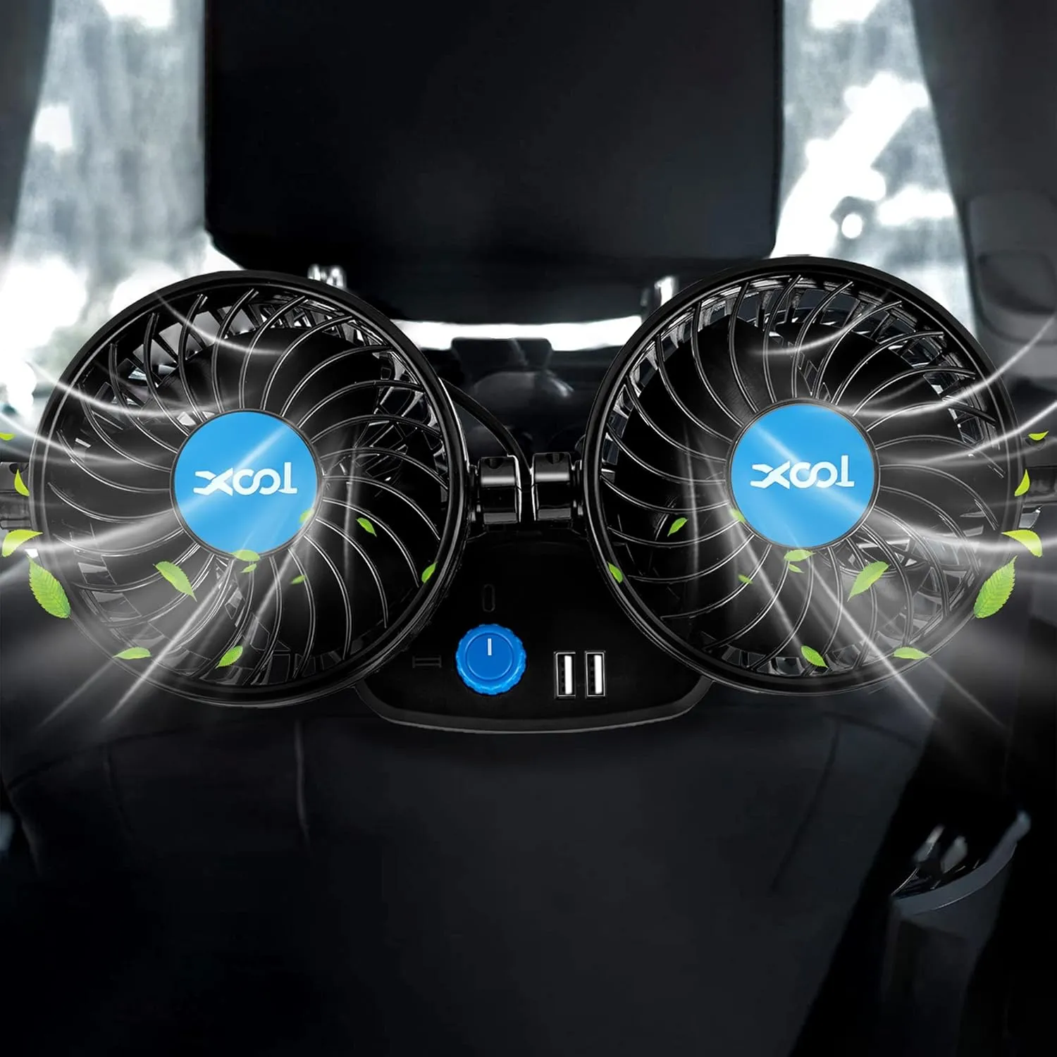 Car Fan, XOOL Electric Car Fans for Rear Seat Passenger Portable Car Seat Fan Headrest 360 Degree Rotatable Backseat Car Fan 12V Cooling Air Fan with 2 USB Charging Ports for SUV, RV, Vehicles Fan with safety blade design