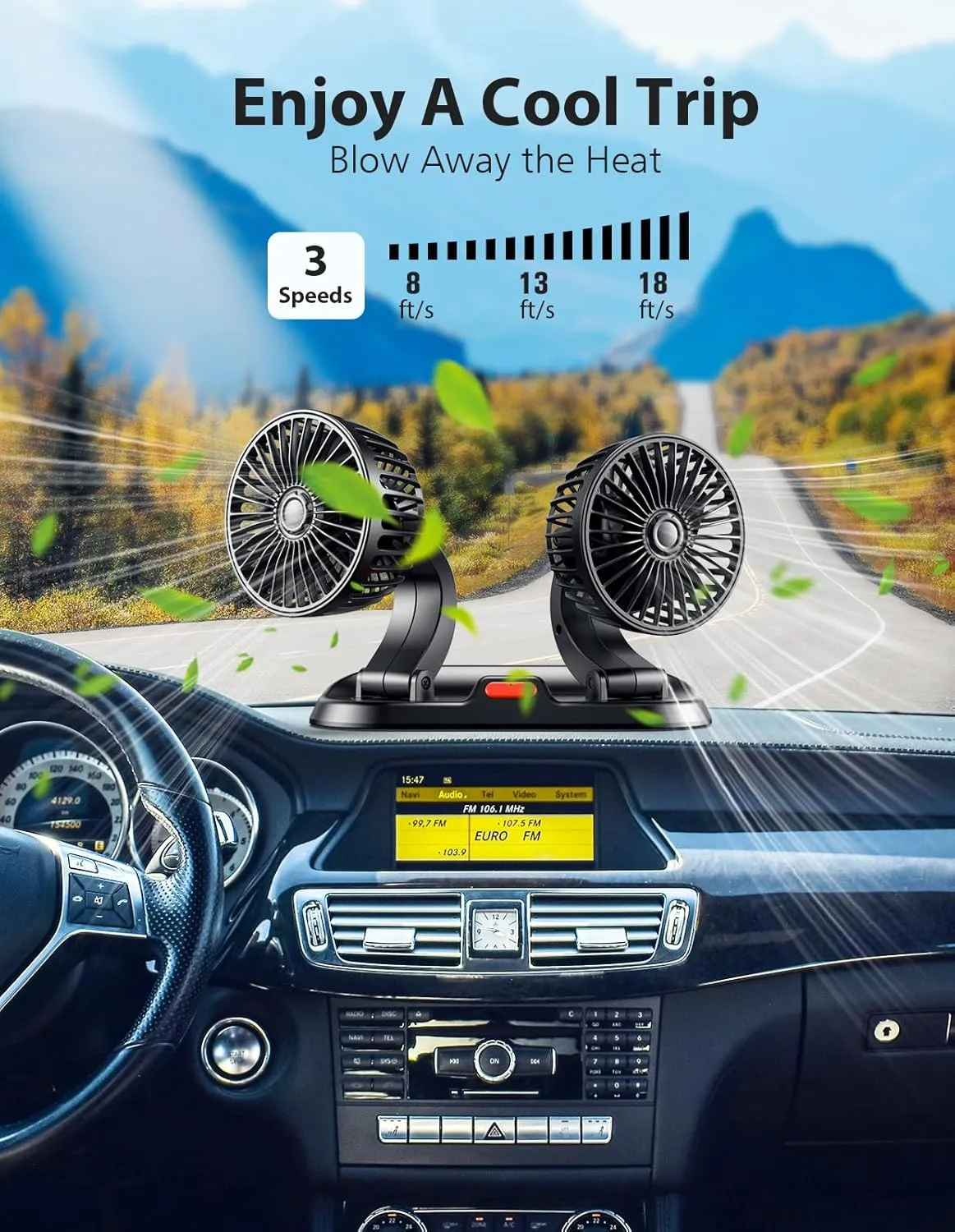 Car Fan[Dual Head],USB Fan for Car - Brushless Motor(2025 Upgraded),Car Fans that Blow Cold Air - 3 Speeds, 360 Rotation, for Car Dashboard, SUV/RV/Truck/Sedan/Cruise/Office