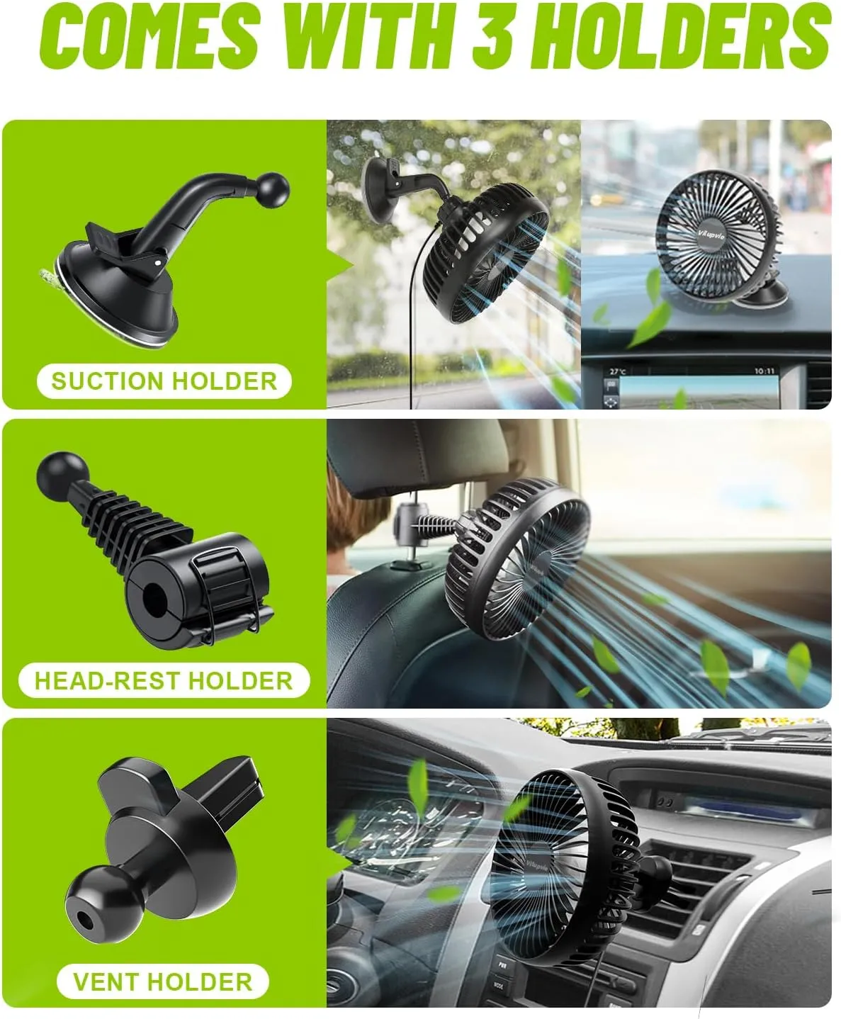 Car Fans for Backseat Kids, 3in1 Car Fans that Blow Cold Air, Cooling USB Back Seat 3 Speed 360 Degree Rotatable Headrest Fan, Adjustable Clip Vehicles Rear Seat Air Fan for Sedan SUV RV