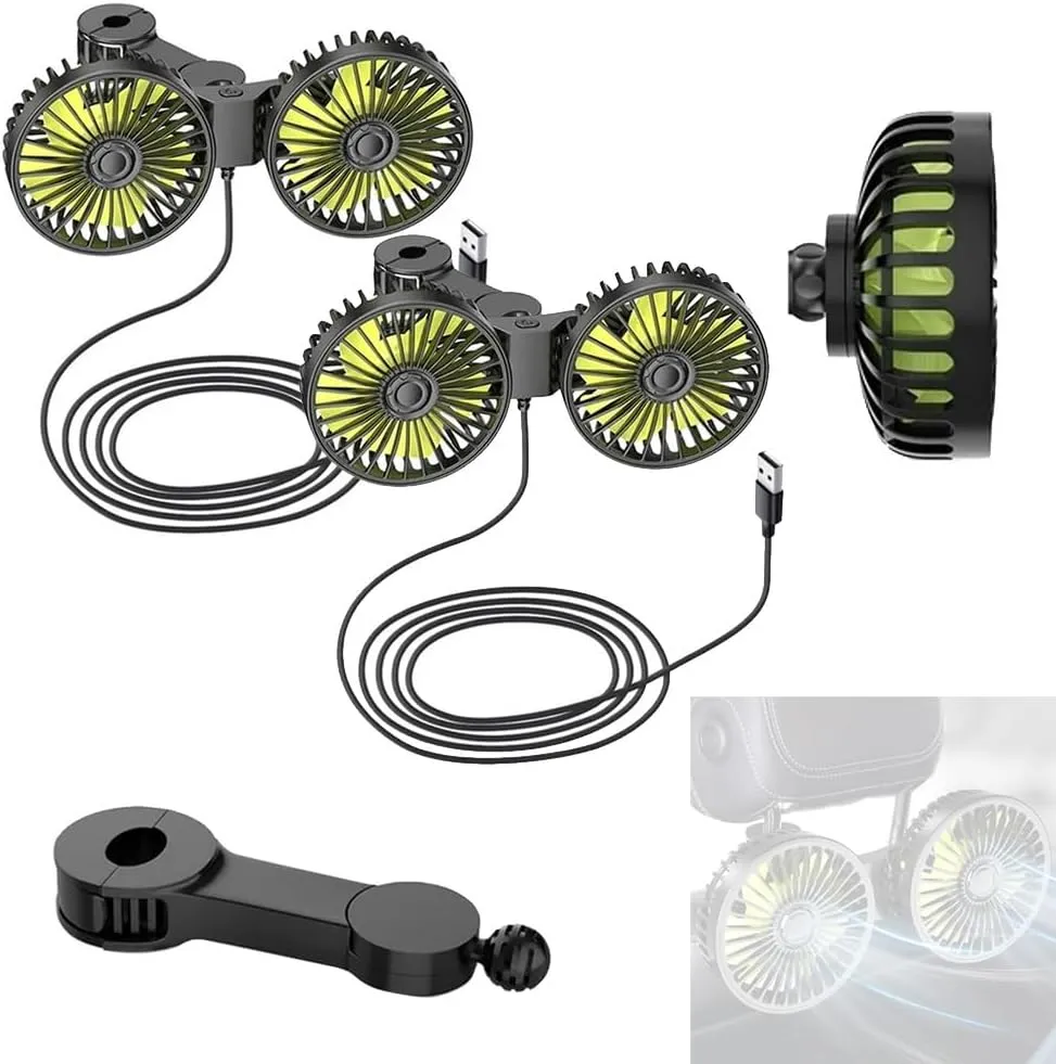 Car Fans That Blow Cold Air, USB Car Cooling Fans for Backseat: Dual Head Car Fan for Kids 3 Speeds 360 Rotatable Vehicle Rear with USB Port, Universal for Suv, Car, Van(2pcs) Rear-mounted fan for childrens safety