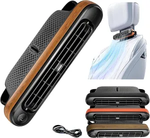 Car Seat Cooling Fan - 3 Speeds Portable Headrest Fan, USB Backseat for Front and Rear Seats, Upgrade Space-Saving for Sedans, SUVs, RVs, and Mini Cars (Woodgrain) Rear-mounted fan for childrens safety