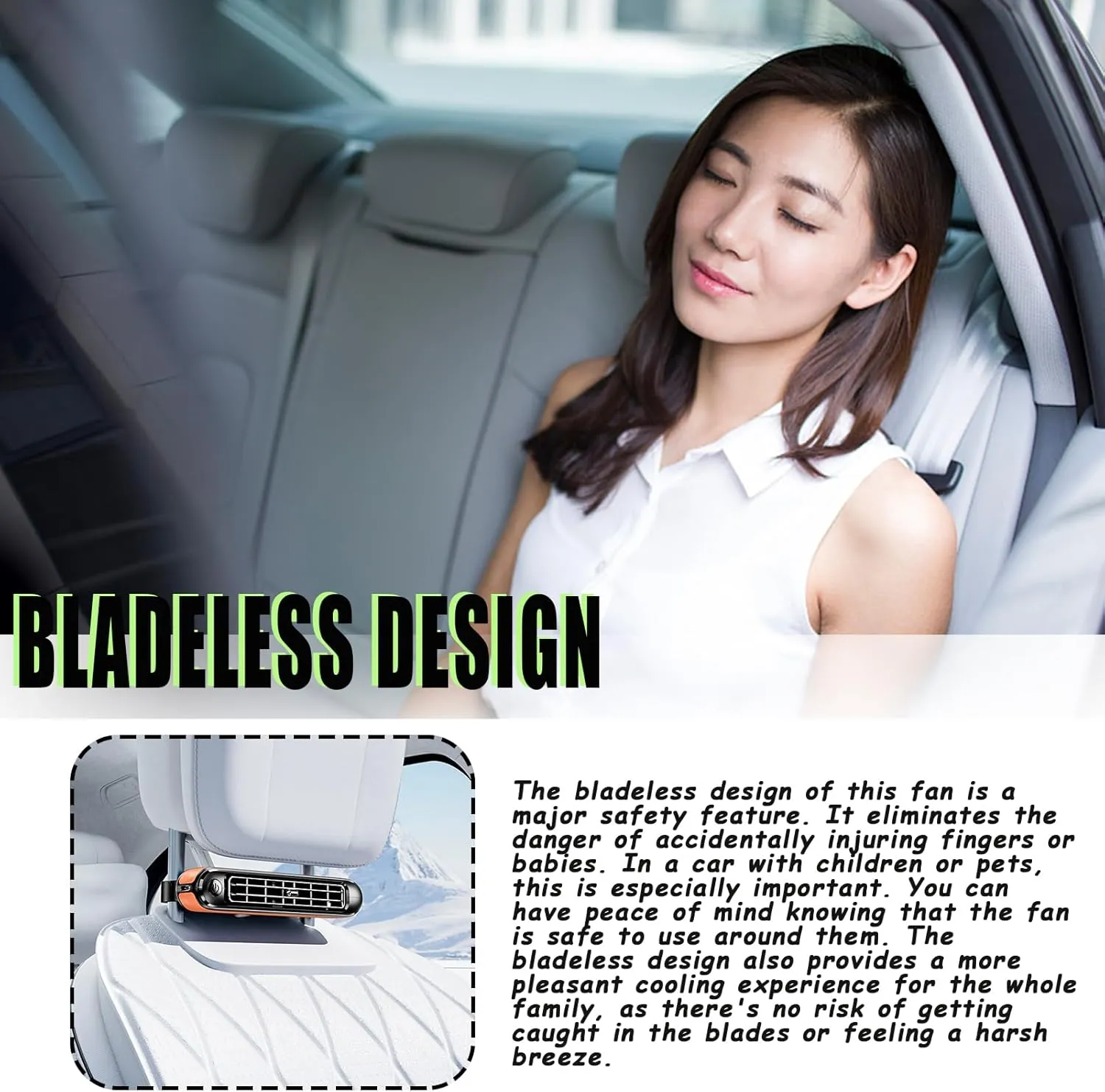 Car Seat Fan Powerful Double Turbine Car Cooling Fan for Vehicle Backseat Kids Pets Quiet Bladeless Design USB Operated (Black)