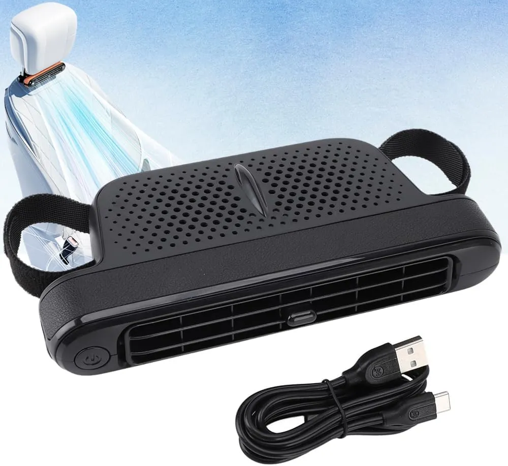 Car Seat Fan Powerful Double Turbine Car Cooling Fan for Vehicle Backseat Kids Pets Quiet Bladeless Design USB Operated (Black) Rear-mounted fan for childrens safety