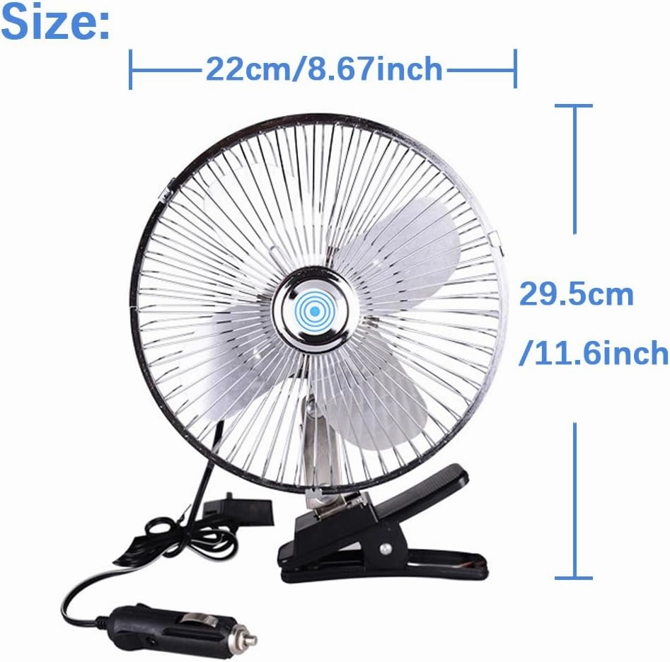 Car 12v Clip Fan,12 Volt DC 8 inch Large 360 Adjustment Metal Fans with Cigarette Lighter,90 Rotation Oscillating Clamp on Cooling Fan for Golf Cart,RV and Vehicles (8inch)