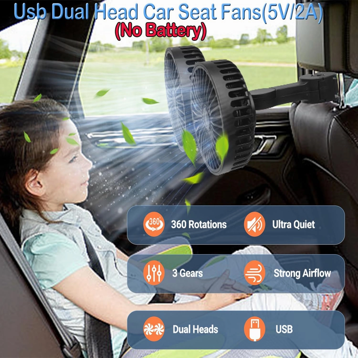 Car Backseat Fan for Backseat Kids,Dual Head Usb Powered Car Fan for Car Backseat Kids (No Battery)