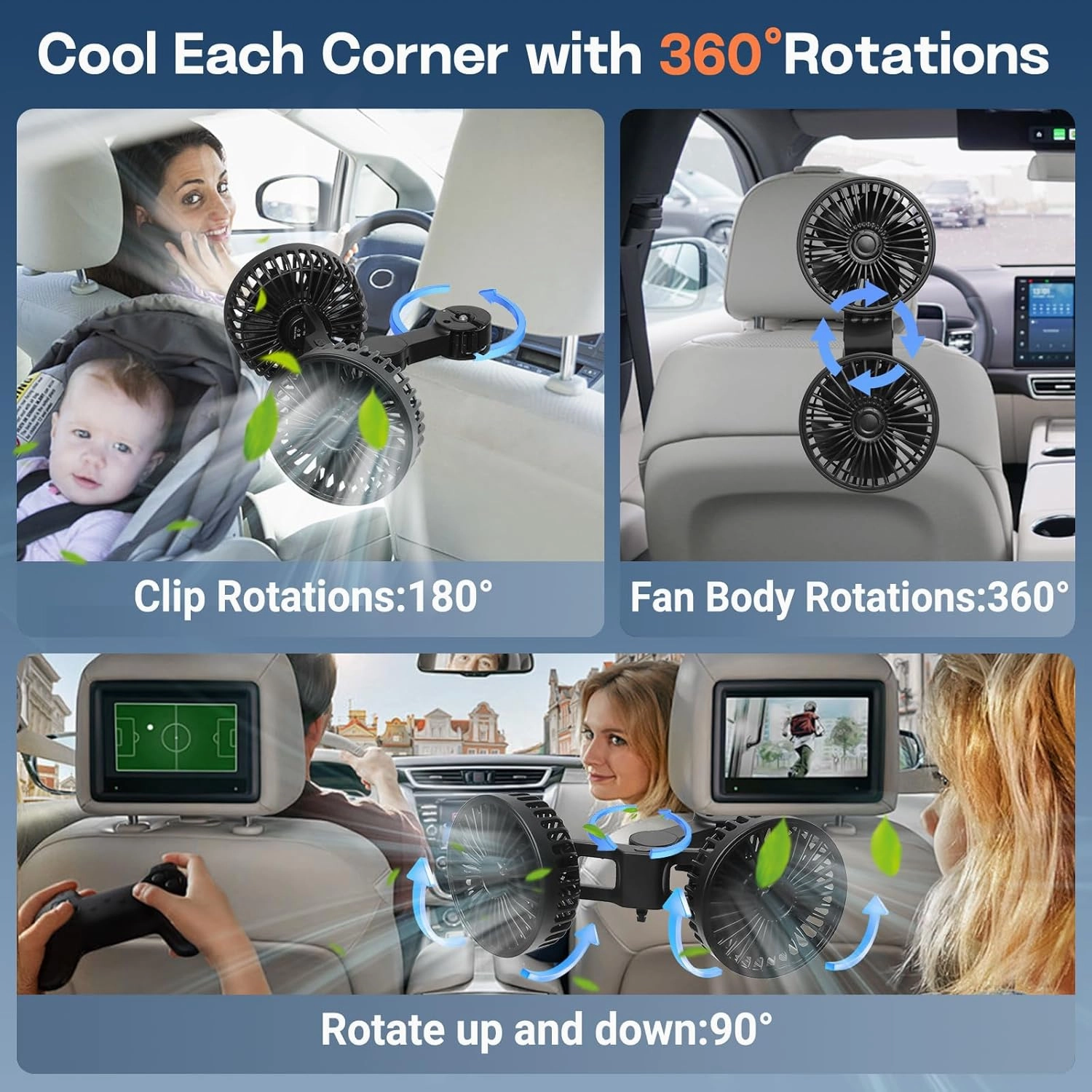 Car Backseat Fan for Backseat Kids,Dual Head Usb Powered Car Fan for Car Backseat Kids (No Battery)