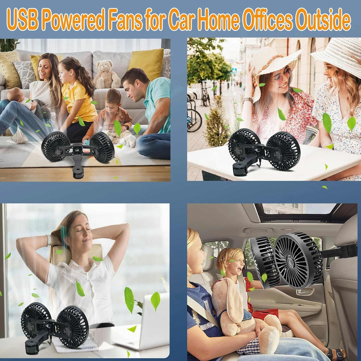 Car Backseat Fan for Backseat Kids,Dual Head Usb Powered Car Fan for Car Backseat Kids (No Battery)
