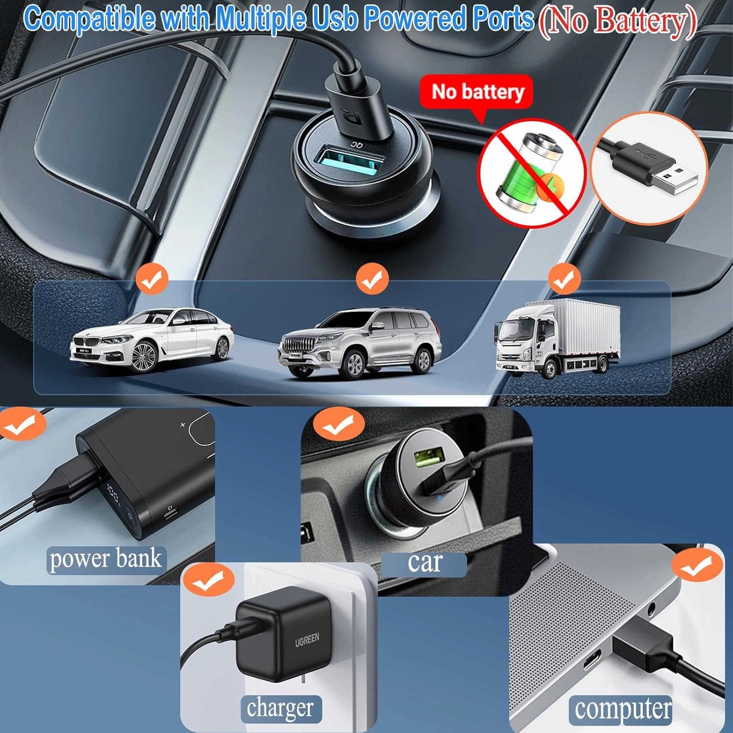 Car Backseat Fan for Backseat Kids,Dual Head Usb Powered Car Fan for Car Backseat Kids (No Battery)