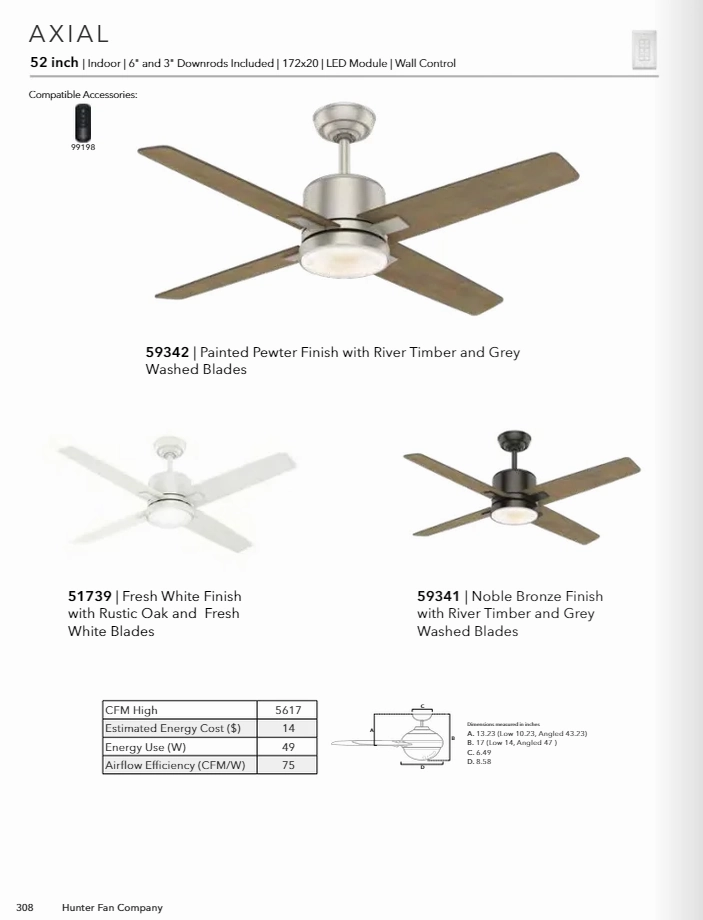 Casablanca Axial 52" Indoor Ceiling Fan with 16WLED and Wall Control