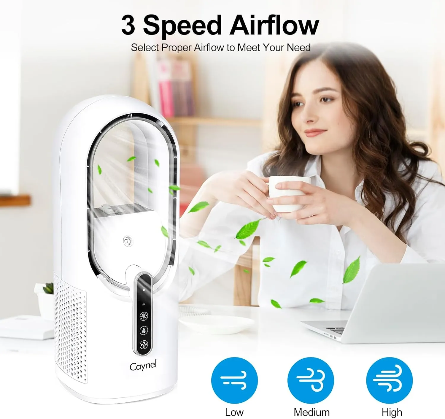 CAYNEL Desktop Fan, 11.8 Inch Portable Bladeless Desktop Personal Fan with 7 Colors Ambient Light, 3 Fan Speeds, Humidifier Electric Fan for Home, Office and Bedroom (Blue)
