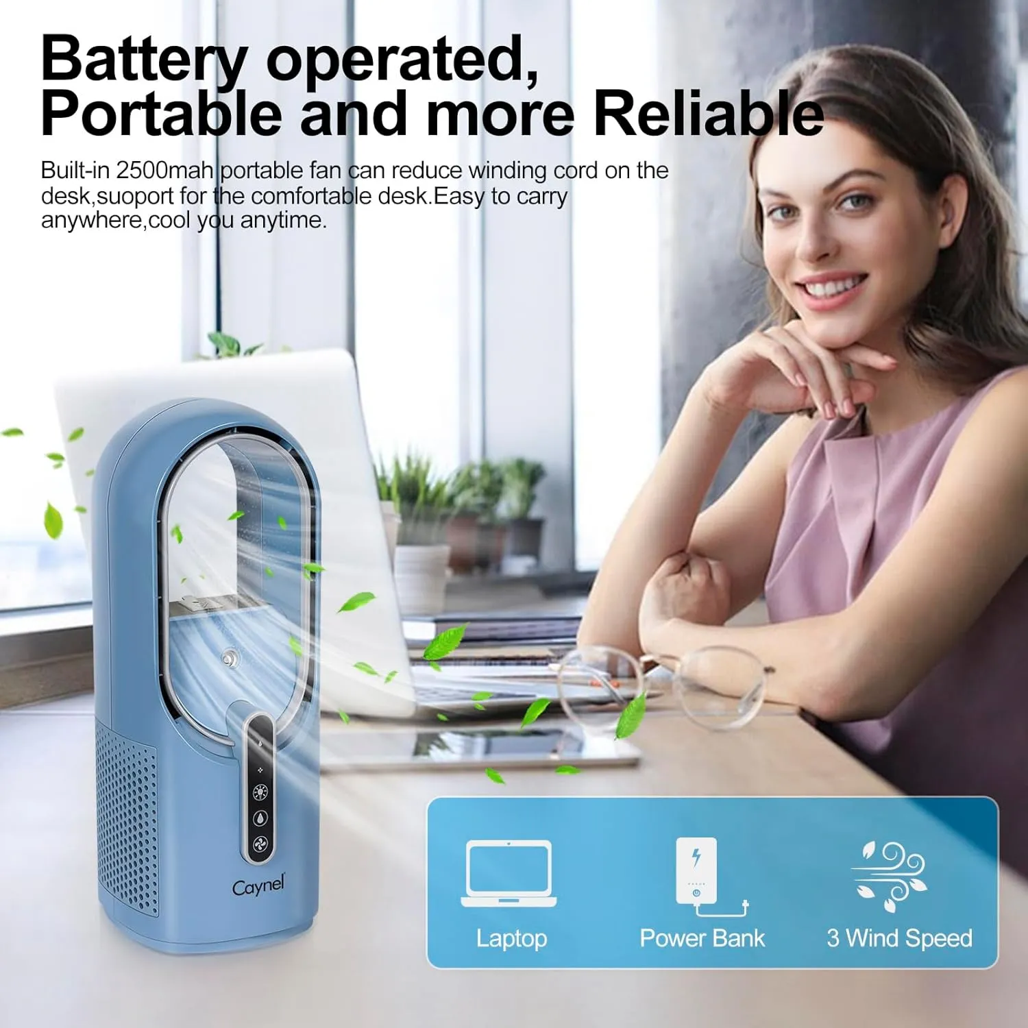 CAYNEL Desktop Fan, 11.8 Inch Portable Bladeless Desktop Personal Fan with 7 Colors Ambient Light, 3 Fan Speeds, Humidifier Electric Fan for Home, Office and Bedroom (Blue)