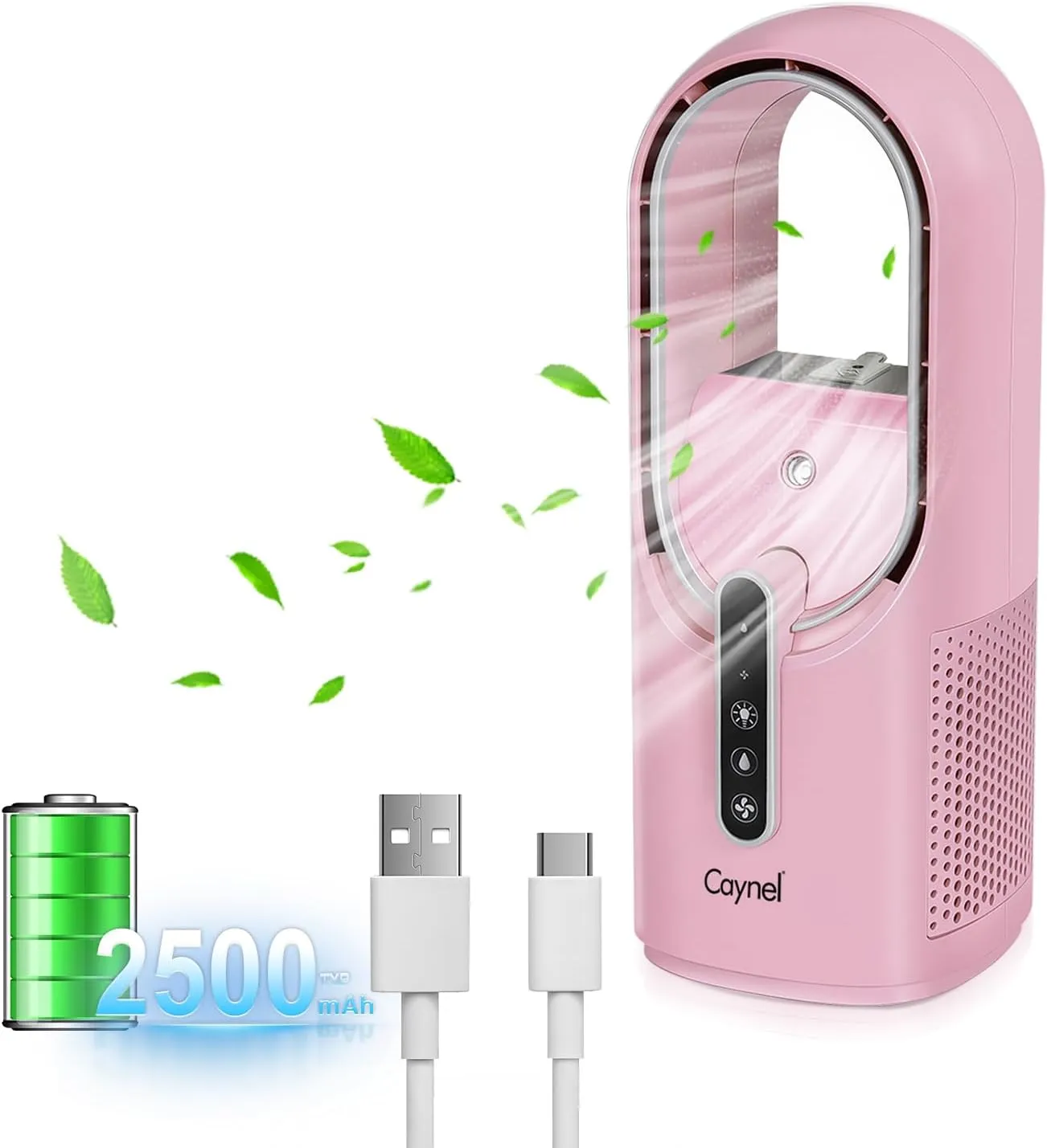 CAYNEL Desktop Fan, 11.8 Inch Portable Bladeless Desktop Personal Fan with 7 Colors Ambient Light, 3 Fan Speeds, Humidifier Electric Fan for Home, Office and Bedroom (Pink) Desktop fan with humidification feature