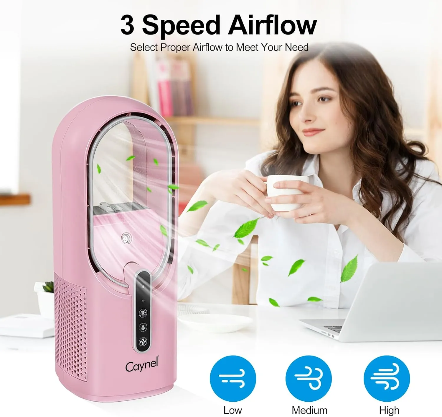 CAYNEL Desktop Fan, 11.8 Inch Portable Bladeless Desktop Personal Fan with 7 Colors Ambient Light, 3 Fan Speeds, Humidifier Electric Fan for Home, Office and Bedroom (Pink)