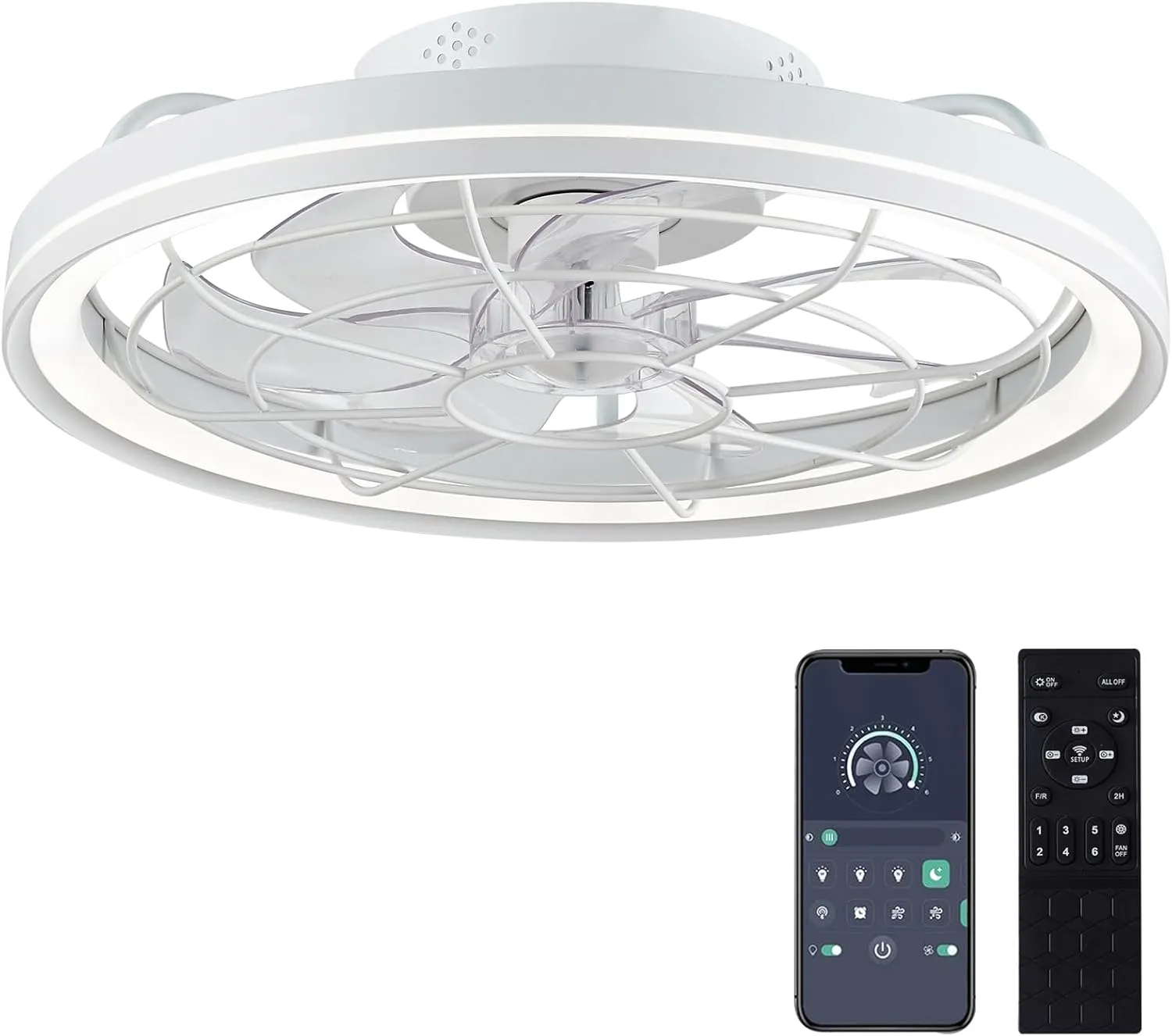 Ceiling Fan with Lights & Remote Control, 20" Low Profile, 6 Wind Speeds, Dimmable Caged Flush Mount, Modern for Kids Room, Bedroom, Kitchen Fan with safety blade design