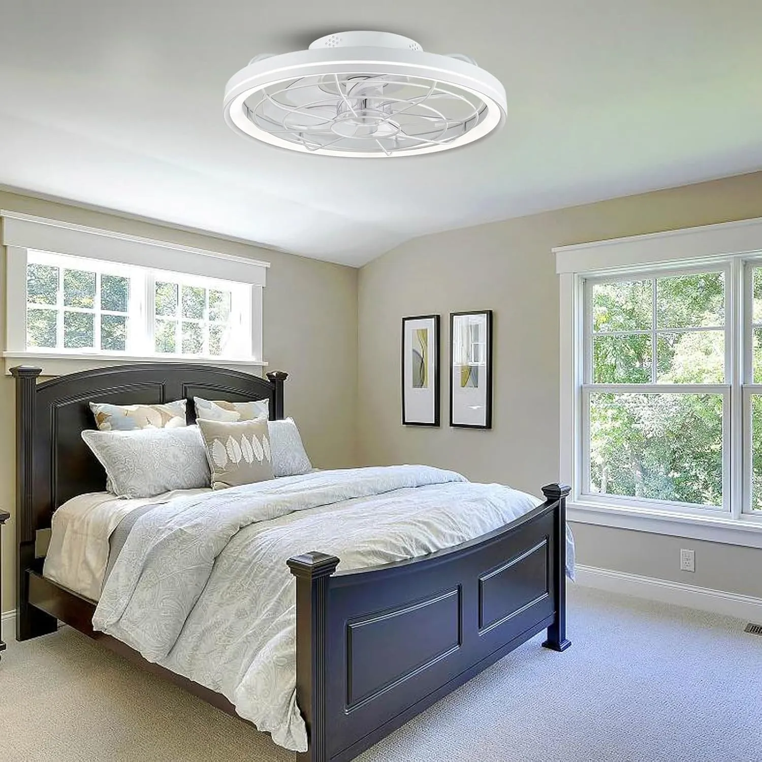 Ceiling Fan with Lights & Remote Control, 20" Low Profile, 6 Wind Speeds, Dimmable Caged Flush Mount, Modern for Kids Room, Bedroom, Kitchen