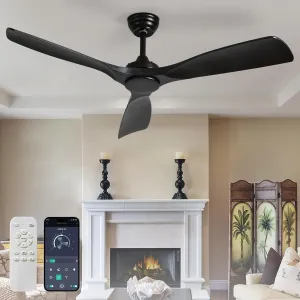 Ceiling Fan Without Light: 52 Inch Outdoor Fan for Patios - Black Ceiling Fan No Light Indoor - Modern 3 Blade Fan with Remote APP Control Reversible 6 Speed Noiseless Fan with safety blade design