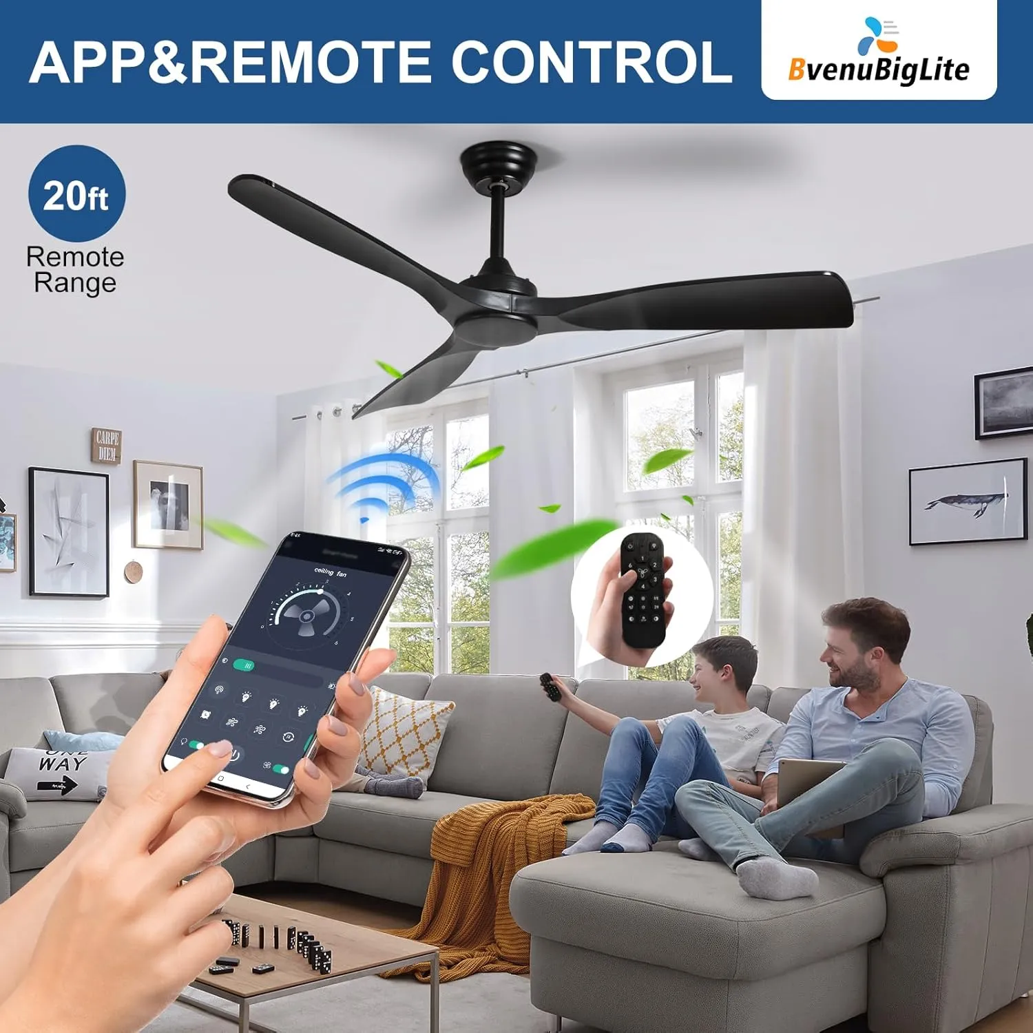 Ceiling Fan Without Light: 52 Inch Outdoor Fan for Patios - Black Ceiling Fan No Light Indoor - Modern 3 Blade Fan with Remote APP Control Reversible 6 Speed Noiseless