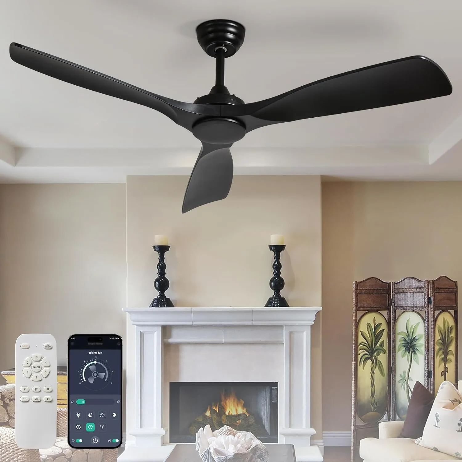 Ceiling Fan Without Light: 52 Inch Outdoor Fan for Patios - Black Ceiling Fan No Light Indoor - Modern 3 Blade Fan with Remote APP Control Reversible 6 Speed Noiseless Fan with safety blade design