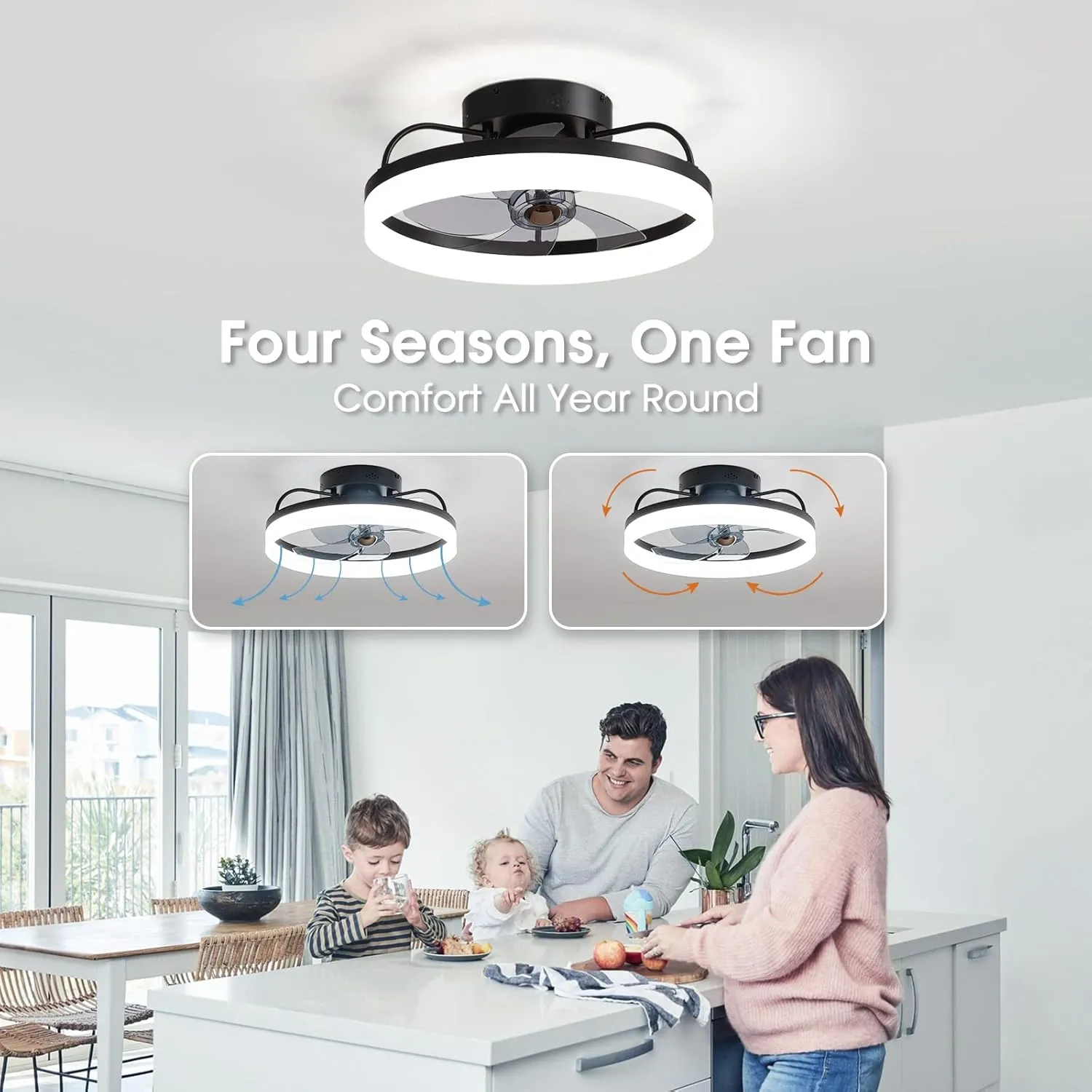 Ceiling Fans with Lights, 360 Rotating Ceiling Fan with Lights and Remote, 6 Wind Speeds Flush Mount Ceiling Fan for Bedroom, Dining Room and Kitchen 20" (Black)
