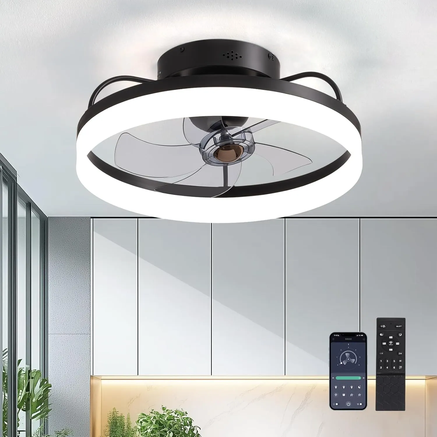 Ceiling Fans with Lights, 360 Rotating Ceiling Fan with Lights and Remote, 6 Wind Speeds Flush Mount Ceiling Fan for Bedroom, Dining Room and Kitchen 20" (Black) 360-degree rotating fan for home use